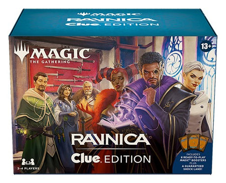 Board game image of MTG Murders at Karlov Manor Ravnica Clue Edition by Wizards of the Coast, featuring game components and artwork.