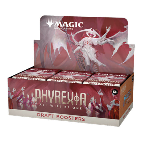 MTG Phyrexia All Will Be One Draft Booster Box by Wizards of the Coast showing colorful booster pack artwork and box design.