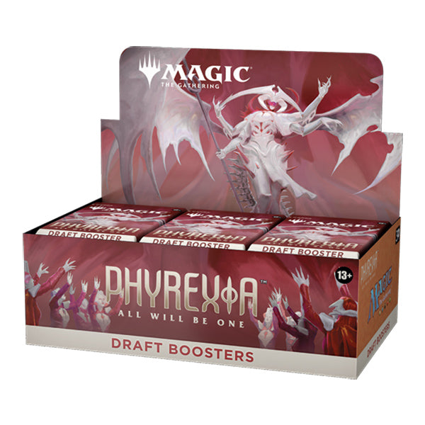 MTG Phyrexia All Will Be One Draft Booster Box by Wizards of the Coast showing colorful booster pack artwork and box design.