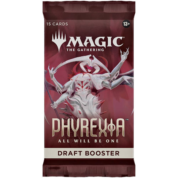 MTG Phyrexia All Will Be One Draft Booster Pack by Wizards of the Coast, featuring colorful fantasy artwork and Magic: The Gathering branding.