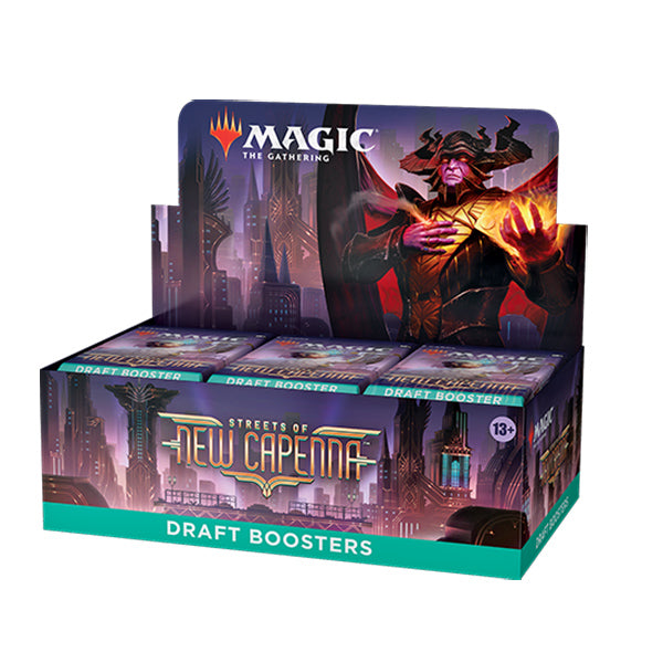 MTG Streets of New Capenna Draft Booster Box by Wizards of the Coast, featuring colorful artwork and booster packs on the box.
