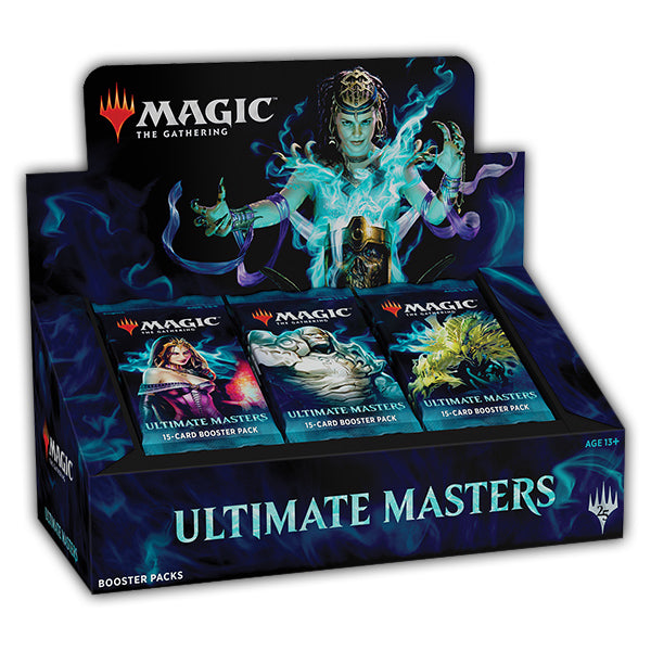 MTG Ultimate Masters Booster Box by Wizards of the Coast showing sealed booster box with colorful card artwork.