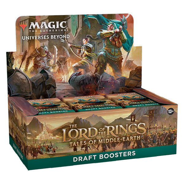 Wizards of the Coast Lord of the Rings Tales of Middle-Earth Draft Booster Box featuring Middle-earth artwork and card packaging.