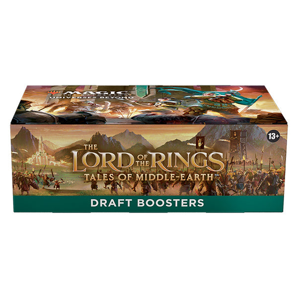 Draft booster box for Magic: The Gathering Lord of the Rings Tales of Middle-Earth set by Wizards of the Coast, featuring Middle-earth artwork.