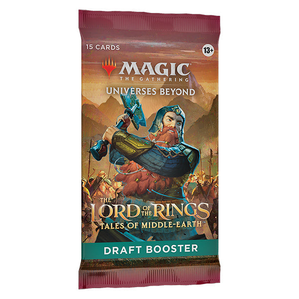 MTG Lord of the Rings Tales of Middle-Earth Draft Booster Pack by Wizards of the Coast, featuring fantasy artwork and card packaging.