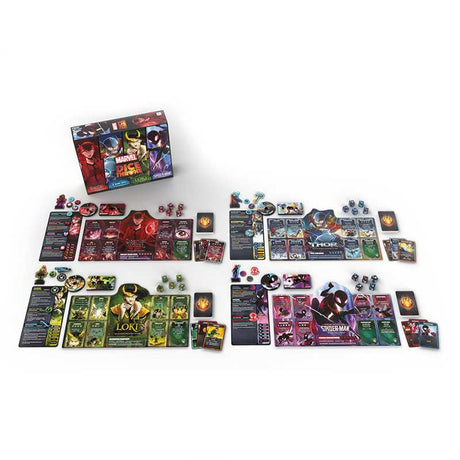 Marvel Dice Throne 4-Hero Box featuring Scarlet Witch, Thor, Loki, and Spider-Man with colorful character illustrations.