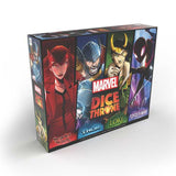 Marvel Dice Throne 4-Hero Box featuring Scarlet Witch, Thor, Loki, and Spider-Man game pieces by Roxley