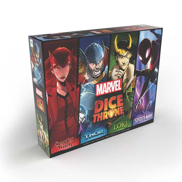 Marvel Dice Throne 4-Hero Box featuring Scarlet Witch, Thor, Loki, and Spider-Man game pieces by Roxley