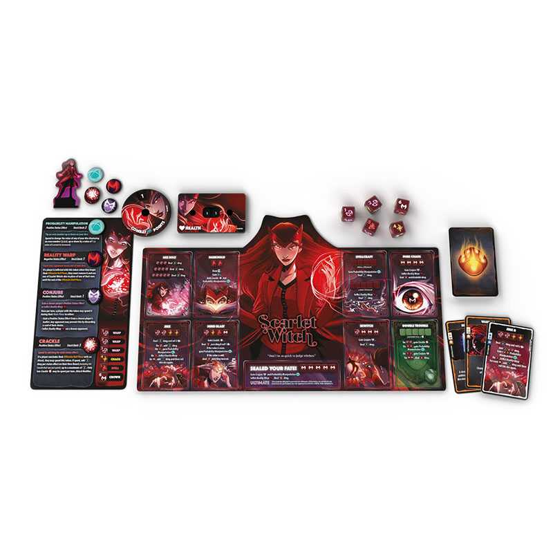 Marvel Dice Throne 4-Hero Box featuring Scarlet Witch, Thor, Loki, and Spider-Man with colorful character artwork.