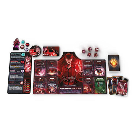 Marvel Dice Throne 4-Hero Box featuring Scarlet Witch, Thor, Loki, and Spider-Man with colorful character artwork.