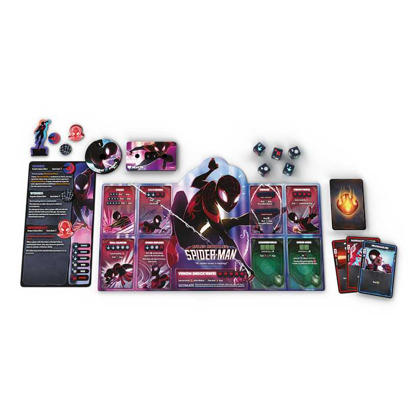 Marvel Dice Throne 4-Hero Box featuring Spider-Man, Scarlet Witch, Thor, and Loki with colorful character artwork.