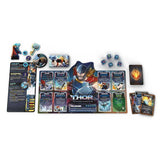 Marvel Dice Throne 4-Hero Box featuring Thor, Scarlet Witch, Loki, and Spider-Man character cards and dice from Roxley.