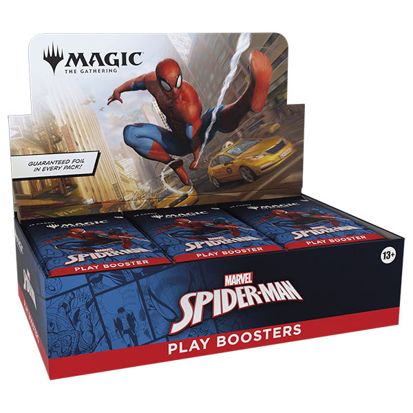 Marvel's Spider-Man Play Booster card pack from Magic: The Gathering, featuring Spider-Man-themed artwork and collectible cards.