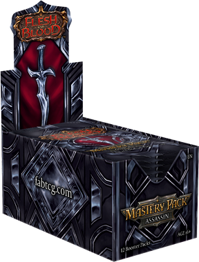 Flesh and Blood Mastery Pack Assassin booster box of collectible trading cards by Legends Story Studios, featuring vibrant card artwork.