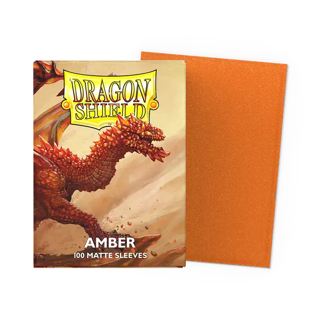 Dragon Shield Matte Amber Standard Sleeves for cards, featuring a matte amber finish and standard size, ideal for protecting collectible cards.