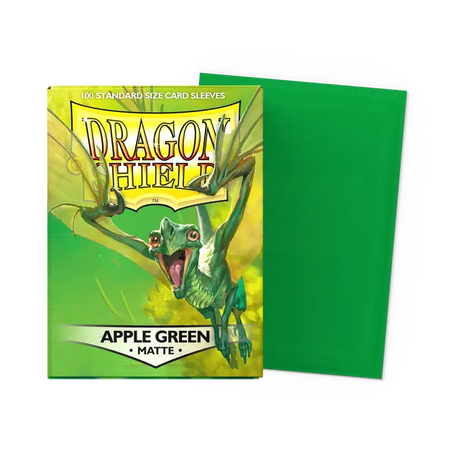 Dragon Shield matte apple green standard card sleeves, durable card supplies for protecting and organizing trading cards.