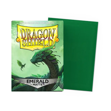 Dragon Shield matte emerald standard card sleeves for collectible card game protection, showing a pack of vibrant green sleeves.