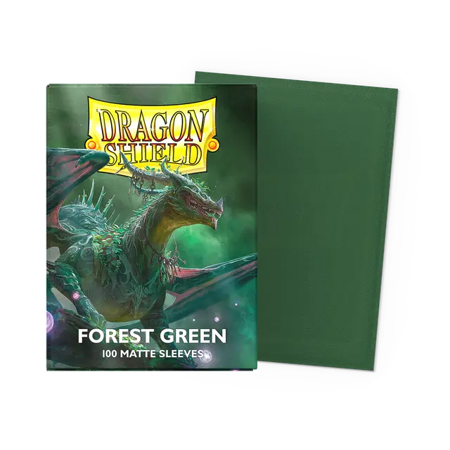 Dragon Shield matte forest green standard card sleeves, durable protective sleeves for trading cards, with a smooth matte finish.