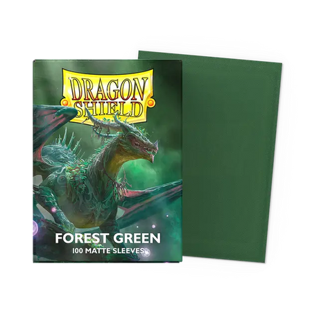 Dragon Shield matte forest green standard card sleeves, durable protective sleeves for trading cards, with a smooth matte finish.