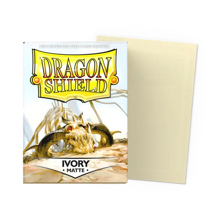 Matte ivory Dragon Shield standard card sleeves for protective card gaming, showing smooth, matte finish and transparent design.