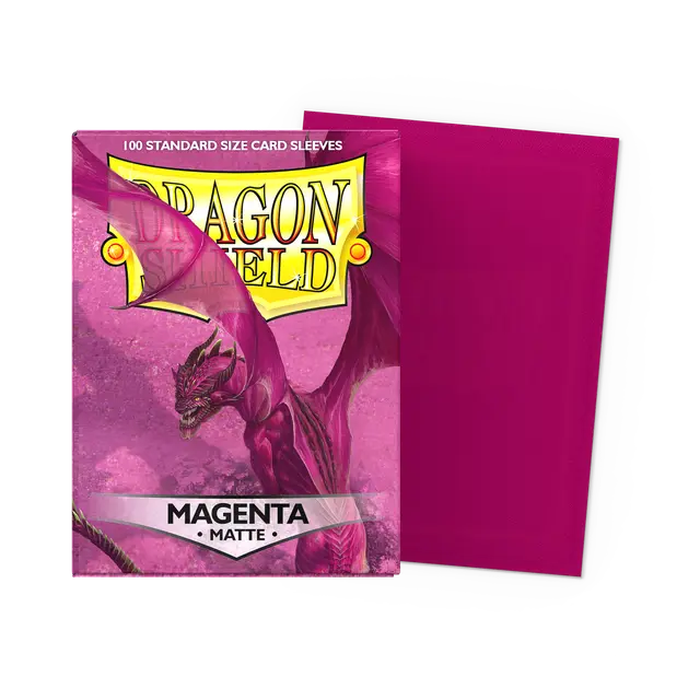 Dragon Shield matte magenta standard card sleeves, showing the sleek, colorful design ideal for protecting trading cards.