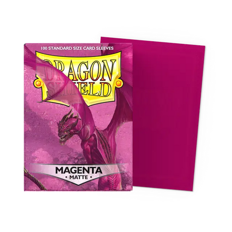 Dragon Shield matte magenta standard card sleeves, showing the sleek, colorful design ideal for protecting trading cards.
