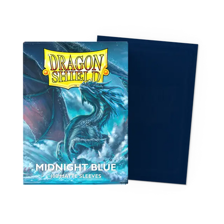 Dragon Shield matte midnight blue standard card sleeves, durable protective card supplies for trading card games.