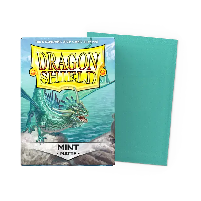 Dragon Shield matte mint standard card sleeves, showing smooth, durable mint-colored protective sleeves for trading cards.