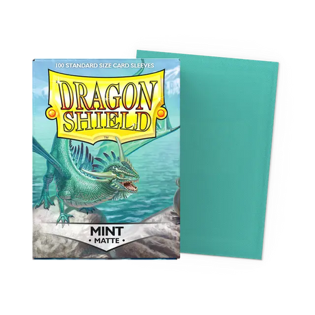 Dragon Shield matte mint standard card sleeves, showing smooth, durable mint-colored protective sleeves for trading cards.