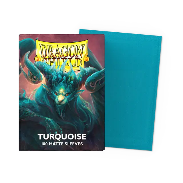 Dragon Shield matte turquoise standard card sleeves, protective deck sleeves for trading cards, made by Dragon Shield.