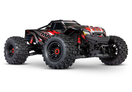 Traxxas Maxx remote control truck with WideMaxx suspension in red, showing large tires and rugged off-road design