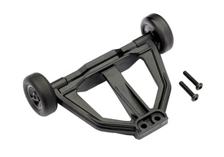 Traxxas black wheelie bar for RC cars, durable plastic construction, mounted on a mini RC vehicle for stability during wheelies.