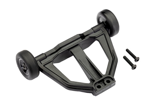 Traxxas black wheelie bar for RC cars, durable plastic construction, mounted on a mini RC vehicle for stability during wheelies.
