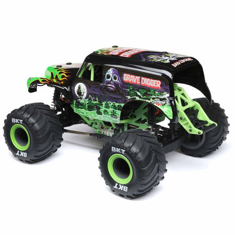 Losi 1/18 Mini LMT Grave Digger 2S 4x4 RTR brushed monster truck with detailed Grave Digger design and rugged off-road tires.