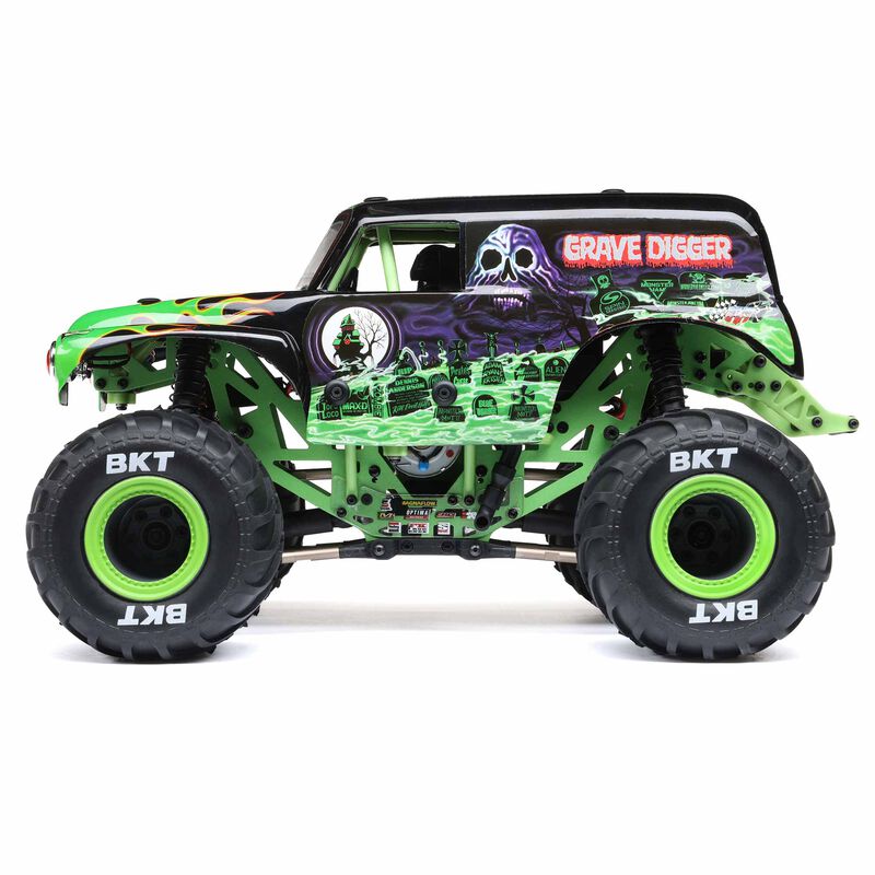 Losi 1/18 Mini LMT Grave Digger 2S 4x4 RTR brushed monster truck with detailed Grave Digger design and rugged tires.