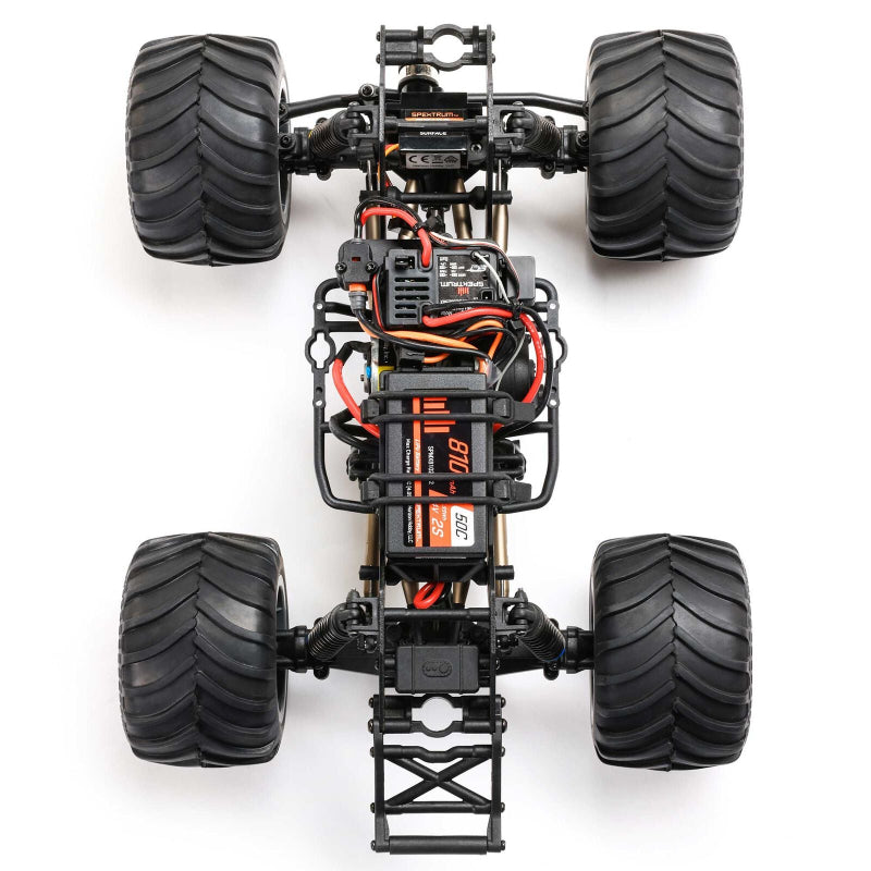 Losi 1/18 Mini LMT Zombie 2S 4x4 RTR brushed monster truck with rugged tires and detailed zombie-themed body design.