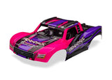 Pink Traxxas Mini Slash 4X4 body shell with detailed design and clear windows, suitable for remote control car customization.