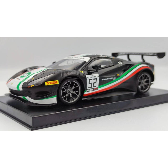 Close-up of the GL Racing Mobytrader Ferrari 488 GT3 98mm body shell for 1/28 scale model racing cars.
