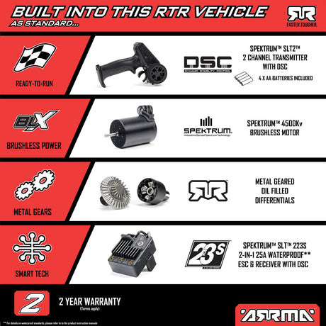 ARRMA 1/16 Mojave GROM 223S DSC 4x4 RTR brushless desert truck in black, showcasing its rugged design and off-road features.