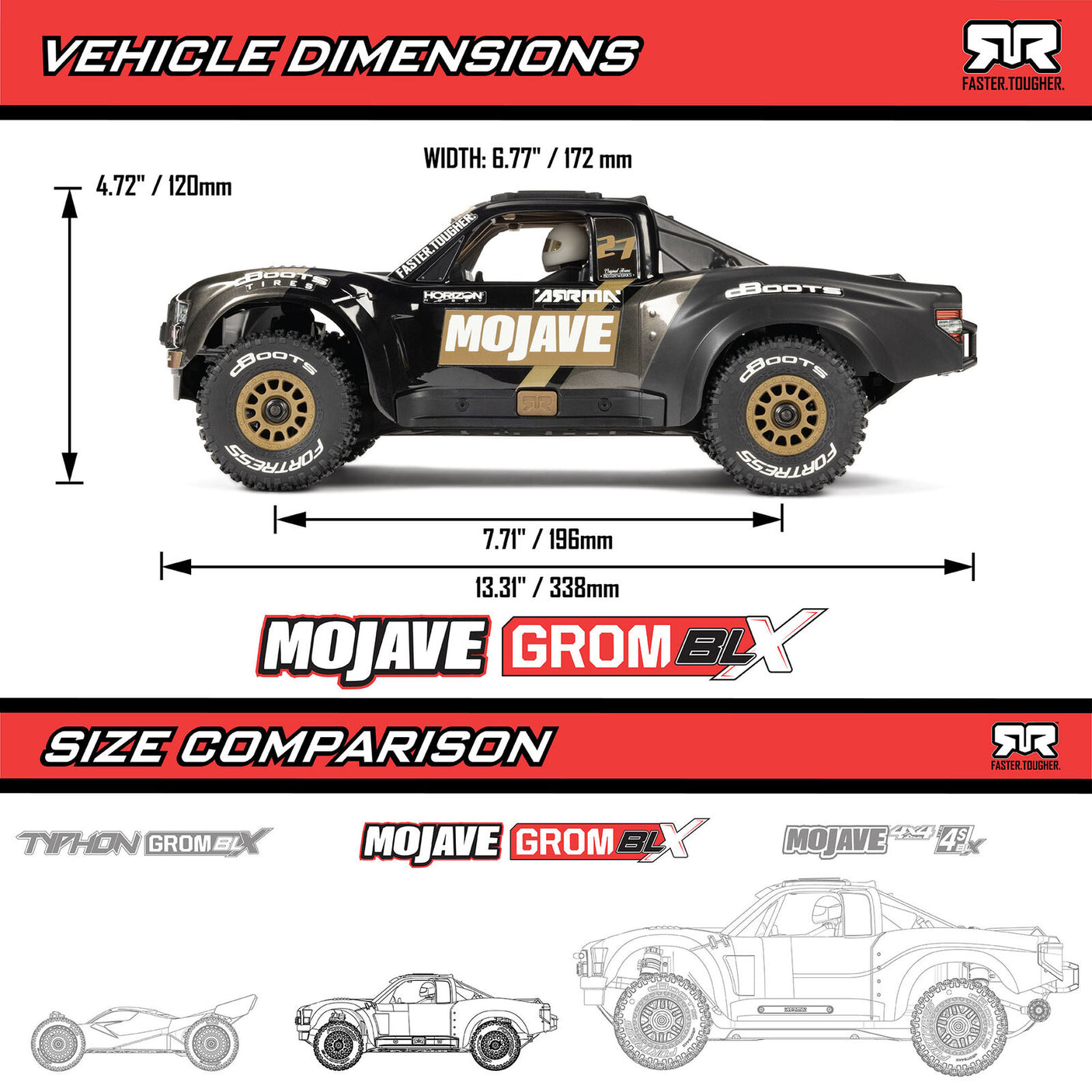 ARRMA 1/16 Mojave GROM 223S DSC 4X4 RTR desert truck in black with brushless motor and off-road tires.