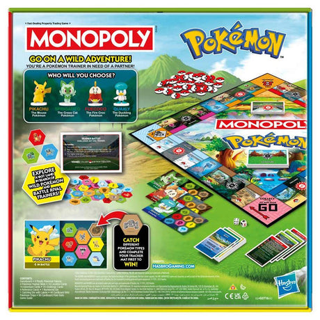 Hasbro Monopoly Pokémon board game with Pokémon-themed game pieces and colorful Pokémon illustrations on the box.