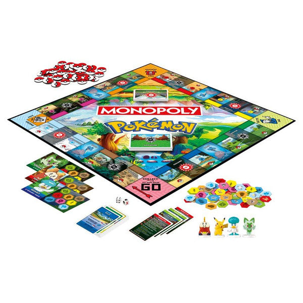 Hasbro Monopoly Pokemon board game with colorful Pokemon-themed tokens and game components visible on the game board.