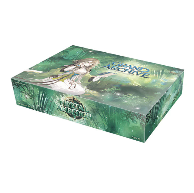 Weebs of the Shore Grand Archive TCG Mortal Ambition 1st Edition Booster box with colorful artwork and card packaging.