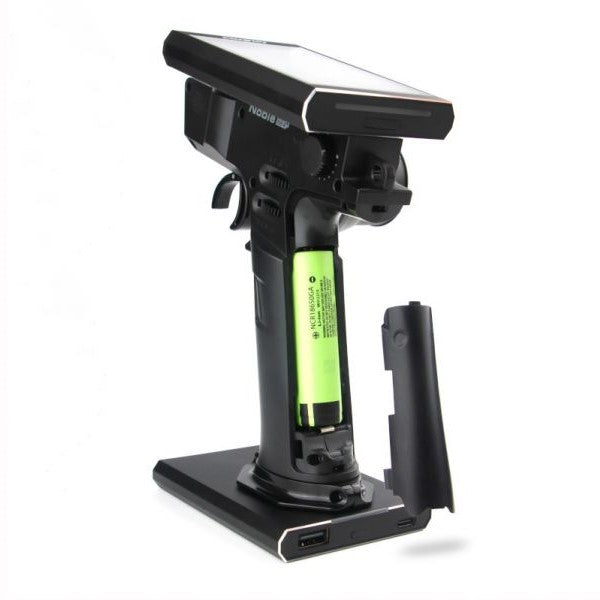 Flysky Noble NB4+ RC transmitter with FGr4B receiver, featuring ergonomic design and multiple control sticks for remote drone operation.