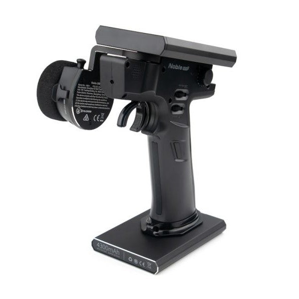 Flysky Noble NB4+ RC transmitter with FGr4B receiver, featuring multiple control sticks and digital display screen.