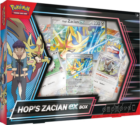 Pokemon Hop's Zacian ex Box featuring Pokémon TCG cards with Zacian ex and Hop artwork displayed.