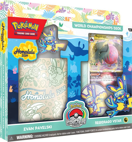 Pokémon TCG 2024 World Championships Deck featuring vibrant Pokémon cards in a sealed deck box.