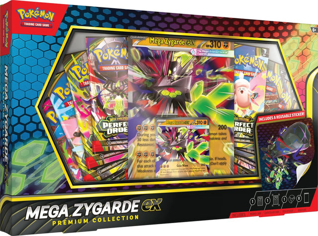 Pokémon TCG Mega Zygarde ex Premium Collection box with Pokémon cards and artwork featuring Mega Zygarde ex.
