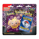 Pokemon Paldean Fates Tech Sticker Collection featuring colorful Pokémon TCG stickers with various Paldean Fates characters.