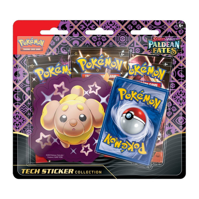 Pokemon Paldean Fates Tech Sticker Collection featuring colorful Pokémon TCG stickers with various Paldean Fates characters.